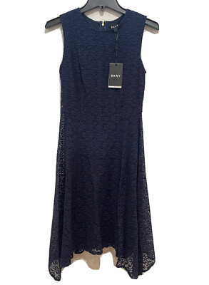 Dkny Womens Navy Sleeveless Jewel Neck Midi Sheath Evening Dress Size: 2