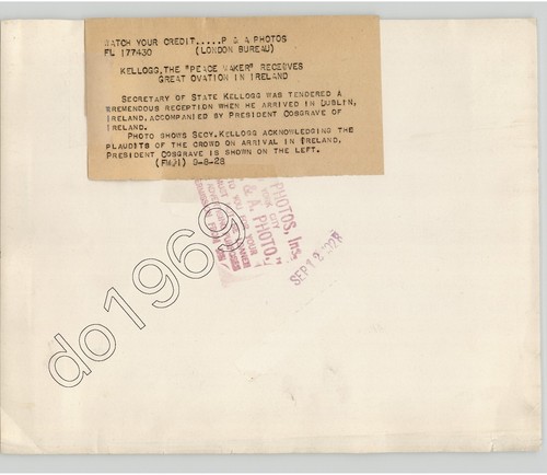 Frank Kellogg llega a Dublín, Irlanda 1928 de colección diplomacia militar foto de prensa - Imagen 2 de 2