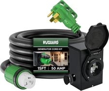 RVGUARD Emergency Power Combo Kit, 15 Foot 50 Amp Generator Cord and Power Inlet