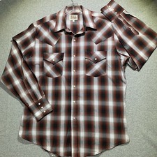 Ely Cattleman Men s L Plaid Pearl Snap Long Sleeve Shirt Pockets Brown/White