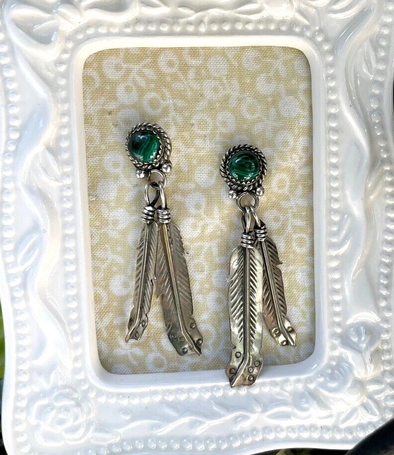 Malachite Post Earrings Signed Feather Moses Jack… - image 1