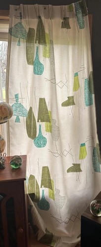 1950S Drapes 2~Panels Atomic MCM Curtains OliveGreen Teal Beige FIBERGLASS RETRO