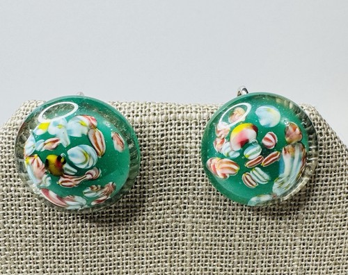 Murano Venetian Art Glass Green Cane Button style Screw Back Earrings