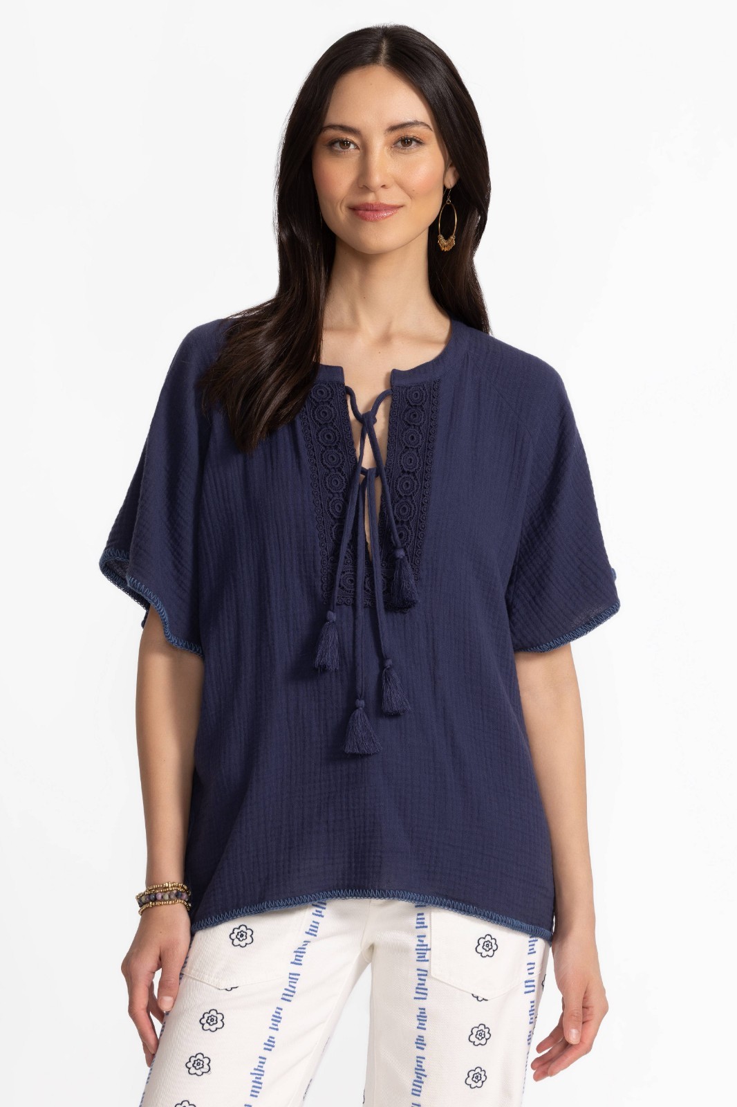 Johnny Was Calme Blue-Nights Top M B54" fit XL,1X? Cotton Gauze,Whipstitch Edges