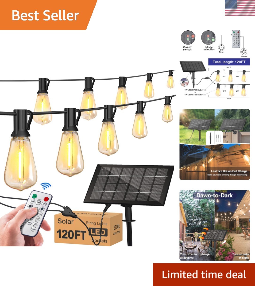 Elegant 120FT Solar String Lights with Remote 8 Modes All-Weather ST38 Bulbs