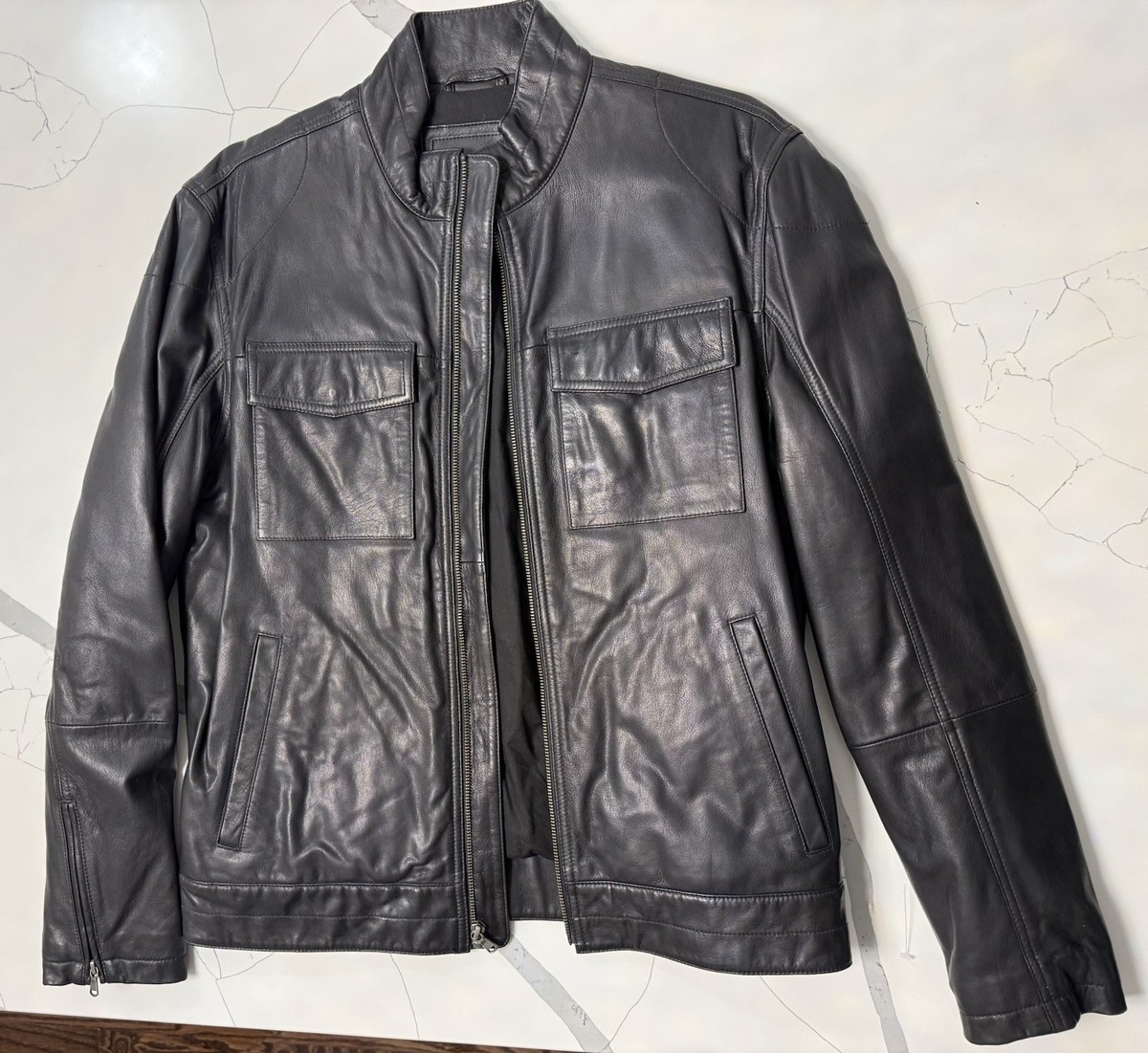 Genuine Leather Jacket Black - Cole Haan - TRUCKER JACKET - Size