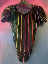 Vintage Rain Beau Rainbow Stripes & Black Leotard Sz L Made In USA 80s