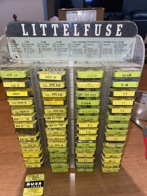 Vintage Littelfuse Glass Fuses With Wall Display And Metal Tins 45 Fuse Boxes