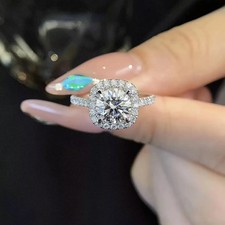 2Ct Round Cut Real Moissanite 14k White Gold Plated Ladies Halo Engagement Ring