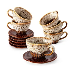 2 oz Espresso Cups Set of 6, Ceramic Cappuccino Cups with Saucers, Stackable ...