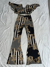 Win Win 2 piece Black And Gold  print Women’s Small Bell Bottom Shirt Sleeve