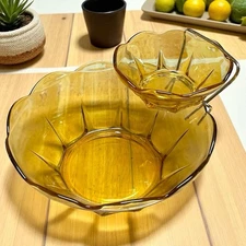 Vintage ANCHOR HOCKING Swedish Modern HONEY GOLD Chip and Dip Set In Box MCM 