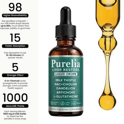 Purelia Liver Restore Drops   Complete Liver Detox Support Supplement 60ml US
