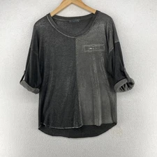 GIGI MODA Top M Knit Metallic Roll Tab Long Sleeve Hi-Low Hem Gray Silver ITALY