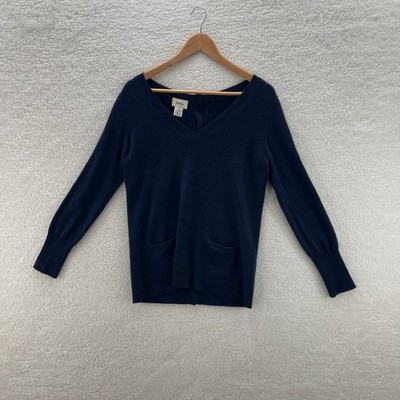 Neiman Marcus Sweater Womens L Blue Cashmere V-Neck Back Button Luxury Preppy