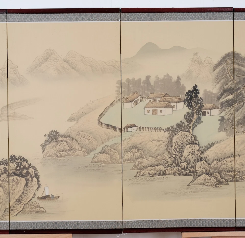 Japanese Byobu Small Mountain Village Near Lake 4-Panel Folding Screen Excellent - Image 4 of 4