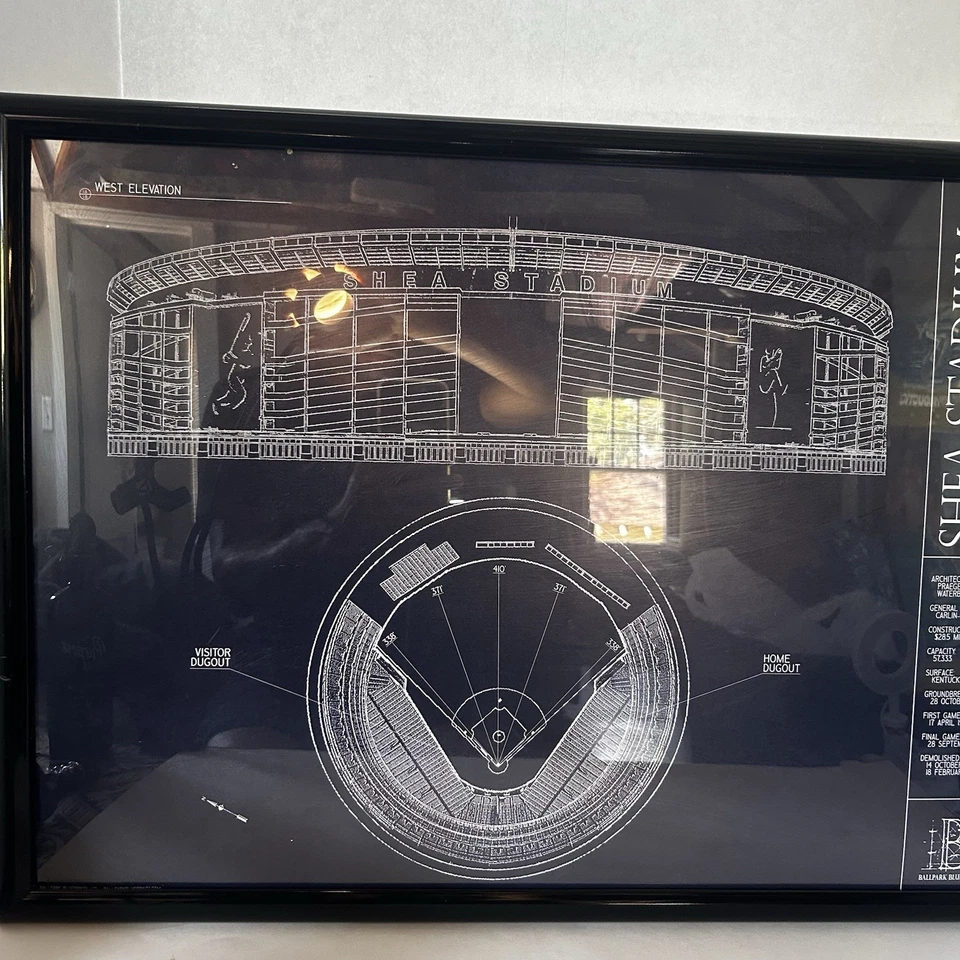New York Mets Shea Stadium Ballpark Blueprint. Plastic Black Frame.  18x24 - Image 3 of 4