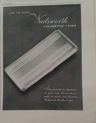 1948 Wadsworth cigarette case gold and silver match powder compact ad