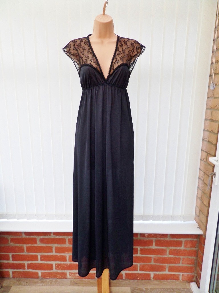 Q2 VTG BHS ULTRA SHEER BLACK LACE NYLON SATIN 60'S NIGHTDRESS 36