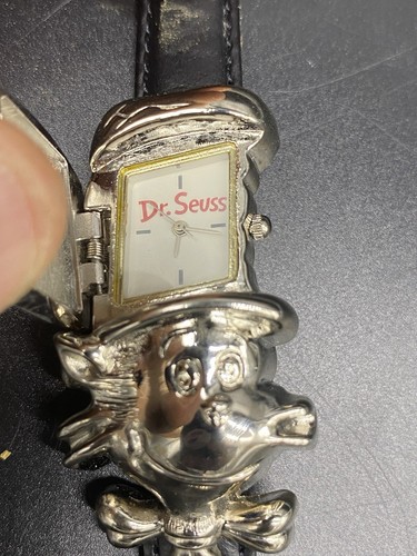 1997 Vintage Dr. Seuss Cat In The Hat Watch Silver Toned Black Band Collectible - Picture 10 of 13