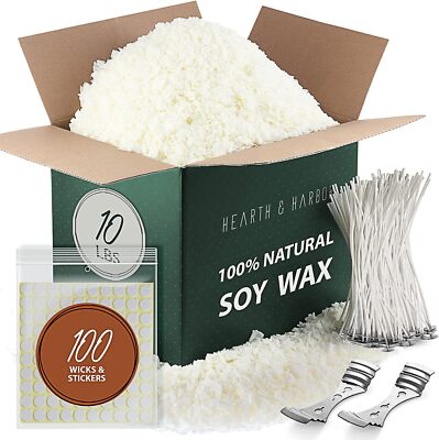 Natural Organic Soy Wax Flakes for Candle Making,Bulk 10 lbs w/ 100 Cotton Wicks