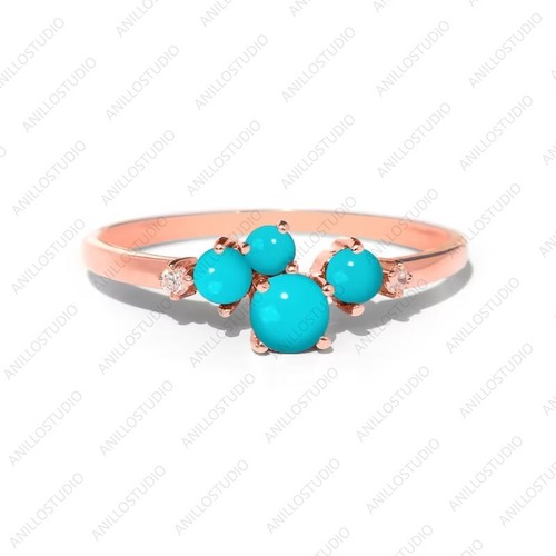 Natural Turquoise Cluster Dainty Ring, 14k Yellow Gold Graduate Gemstone Ring - Picture 3 of 7