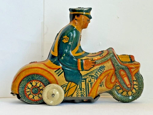 Marx 1930's Tin Wind-Up Police Motorcycle w/ Rider 4.5" Works, Used