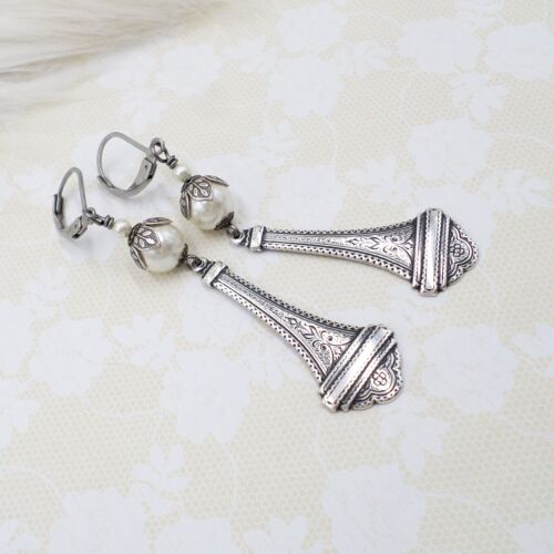 Victorian Style Handmade Cream Pearl Silver Plated Earrings, Renaissance Baroque - Picture 3 of 7