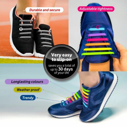 Silicone Elastic Shoelaces Rubber No Tie Shoe Lace Trainer Shoes Kids & Adult UK - Picture 7 of 63