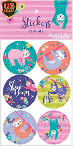 Sloth, Assorted round Party Favor Stickers, 24 Ct.