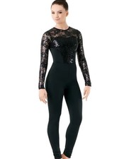 Balera Customized Black Sequin Long Sleeve Rhinestone Unitard Dance Costume SA