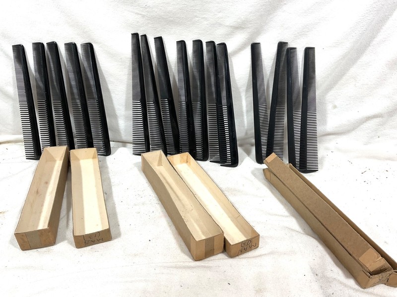 Lot  of 16, Vintage Hard Rubber BARBER COMBS. N.O.S. Various Styles 3 Makers.