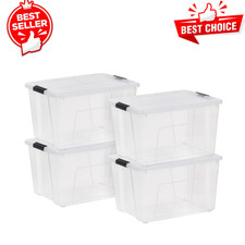 IRIS USA 60 Qt Plastic Storage Bins w/ Lids, Clear Latching Stackable Totes, 4PK