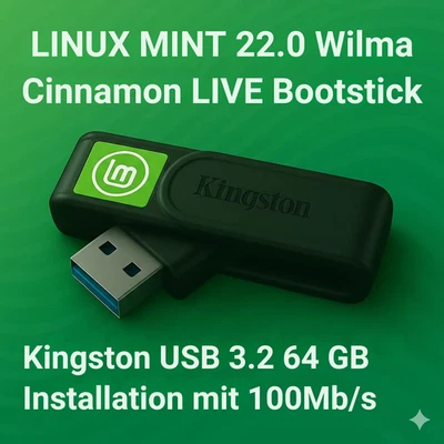 Linux Mint 22 Wilma Cinnamon 64GB USB 3.2 Live LIVE BOOT Installation - Kingston
