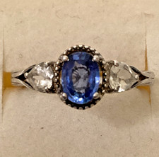 Genuine Ceylon Blue Sapphire 1 Ct  White Zircon Sterling Silver 925 Size 9 Ring