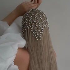 Women Head dress Net Tassel Pearl Fashion Luxury Metal Jewelry Hair Chain 05031