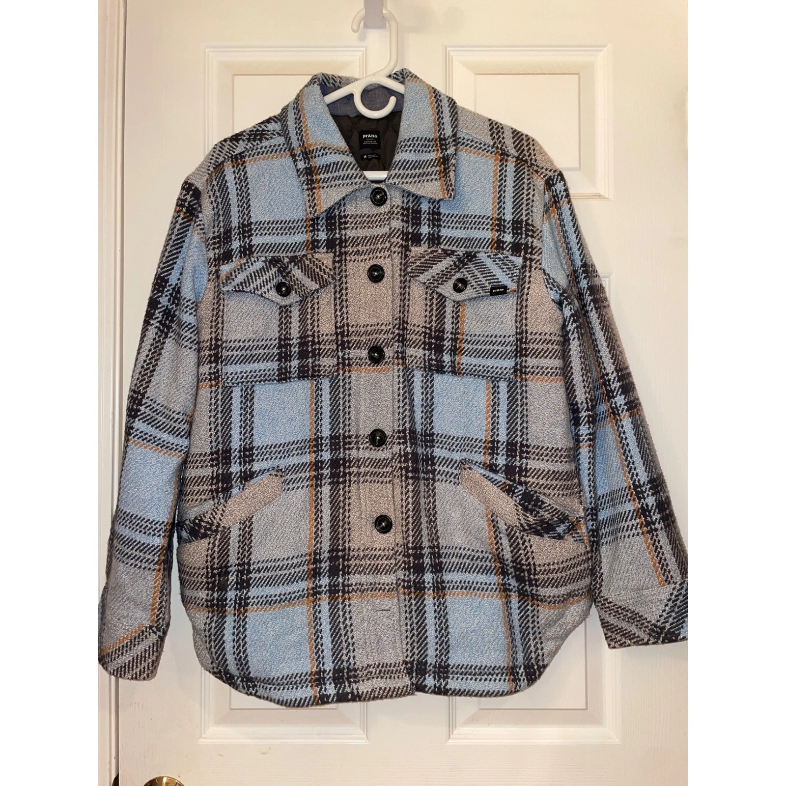 Prana Mens Blue Plaid Quilted Lined Shirt Jacket Shacket 2045971 Medium