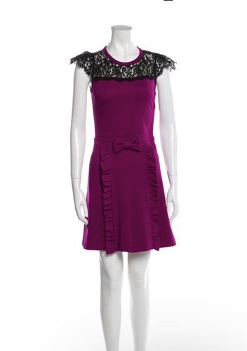 Red Valentino Fuchsia A-line Crew Neck Mini Dress With Black Lace Bow Front XS