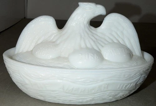 Flaccus Glass Company American Hen Eagle On Nest Milk Glass Covered Dish Cuba