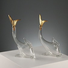 Decanter Vintage Vetro di Murano a Pesce Metallo Dorato Italia Anni 80 Originali