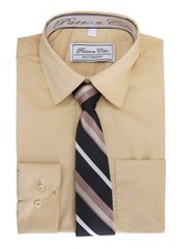 Boys Kids Cotton Blend Long Sleeve Button Up Khaki Dress Shirt And Tie Set 3