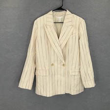 H M Women's Cream Black Pinstripe Double Breasted Blazer Jacket Size S