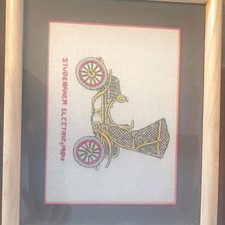Framed Needlepoint Set Antique Cars Studebaker 1904, Stanley 1909, Ford 1908
