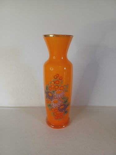 Inarco Japan orange kleine Blumen Blumenvase mit Goldrand 8" hoch. Tolle Form