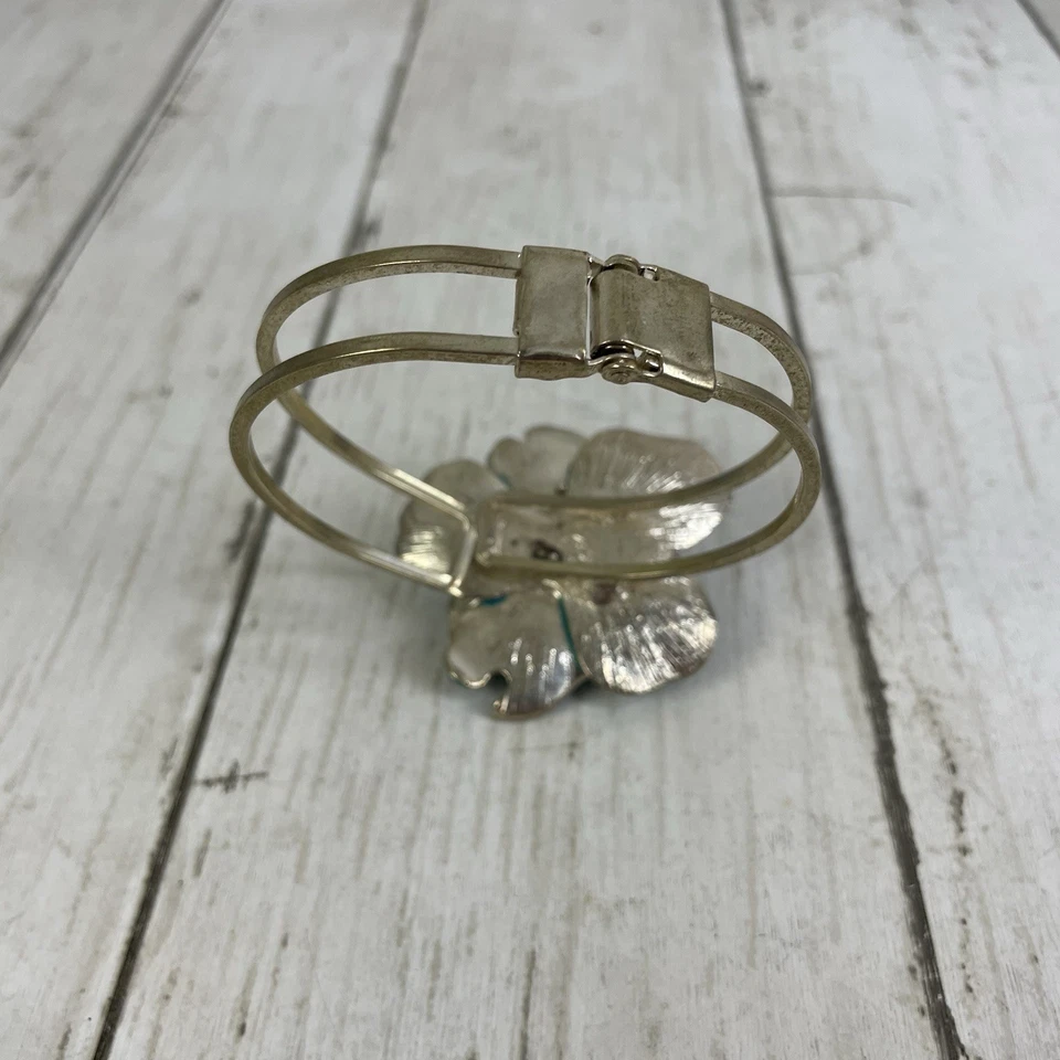 Pulsera Brazalete Flor Declaración Esmalte Turquesa Imitación Perla Centro Tono Plata Foto 4 de 4