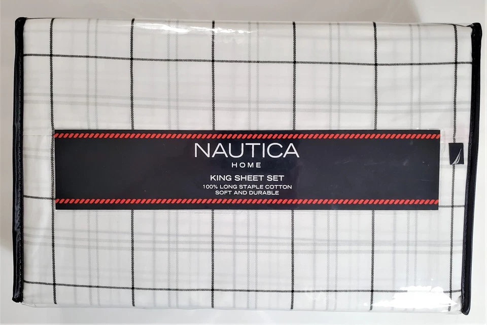 Nautica King Sheet Set Windowpane Plaid White Gray 100% Long Staple Cotton 200TC - Image 2 of 4
