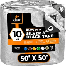 50' x 50' Heavy Duty Silver/Bla​ck Poly Tarp Water Proof Tent RV Boat
