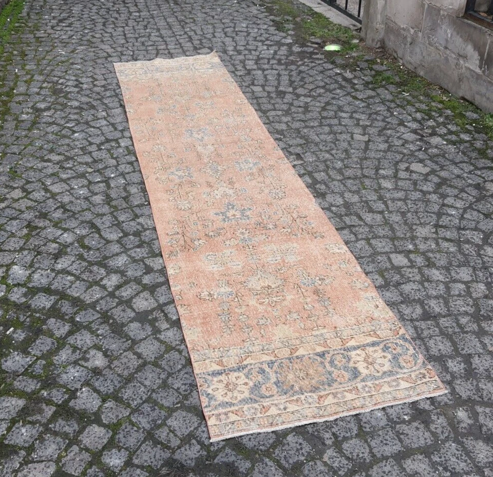 Vintage Floral Runner Rug , 2.6x10.5 Feet Pale orange,blue color , Hallway Rug - Image 3 of 4