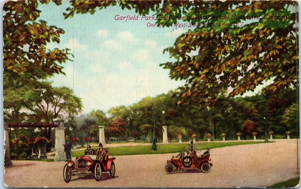 Vintage Postcard 1910 Green Benjamin Franklin Stamp Chicago Posted Old Cars - Image 2 of 4