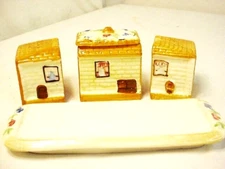 Vtg Cottage Salt Pepper Sugar Set 5 Pc Maruhon Ware OCCUPIED JAPAN Fireside Tray